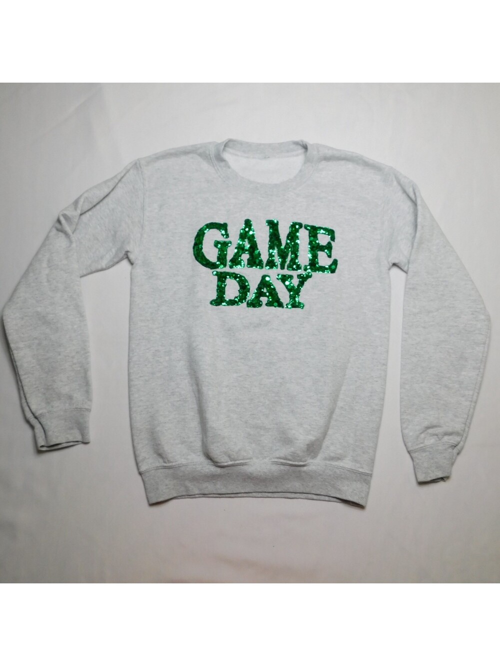 Game Day Sequin Sweatshirt Womens XS Heather Gray Green Shiny Tailgate Crewneck